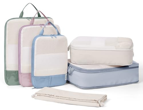 Narwey Packing Cubes Compression, Koffer Organizer Set, Kofferorganizer | 5 Packtaschen Set in Verschiedenen Größen für Koffer, Platzsparend Packwürfel Kompression für Reise Essentials, Pastellfarben