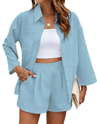 NLAND Ensemble 2 Pièces pour Femme Col Chemise Boutonnée Avec Short Ensemble de Détente D'été Confortable，Bleu ciel，L