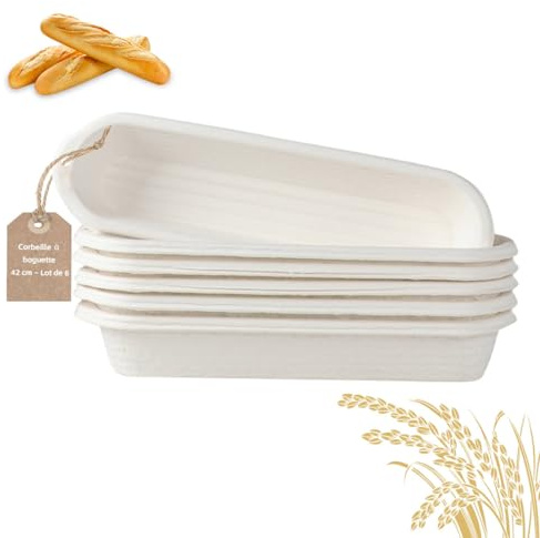 Lot de 6 Bannetons pour Baguettes 42 cm en Pulpe avec 6 Chemises en Lin - Panier de Fermentation à Pain au Levain pour Boulangerie Maison