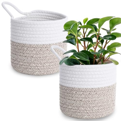 2 Stück Hängekorb, Wandkorb Hängend Baumwollseilflechten mit Griff, 15 x 16 cm Aufbewahrungskorb, Korb zum Aufhängen für Küche Bad Schlafzimmer Wohnzimmer