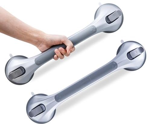 LEVERLOC Grab Bars for Shower 2 Pack, Suction Grab Bar Shower Handle for Bathroom Removable Handrails for Seniors Elderly Heavy Duty Safety Grip Waterproof Drill Free, Silver