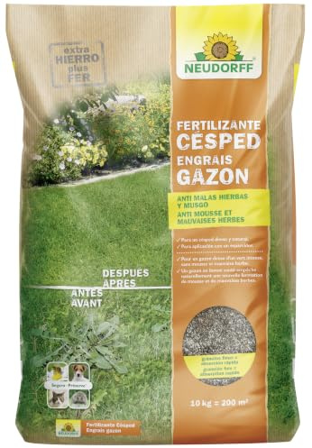 Neudorff Engrais Gazon Anti-Mousse et Mauvaises Herbes 10 kg pour 200 m² – Avec fer pour une pelouse dense, verte et résistante, action immédiate et longue durée