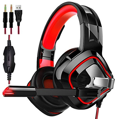 7.1 surround sound Gaming Headset 3.5mm jack, Stereo Gaming Headset for PS4 PC Xbox One S X Nintendo Switch PC Laptop Mac, Noise Cancelling Over Ear Headphones with Mic Blackredbreathinglamp