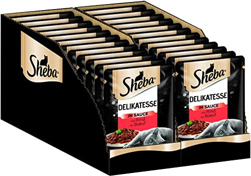 Sheba Delikatesse in Sauce – Hochwertiges Katzen Nassfutter mit feiner Rind – Im praktischen Portionsbeutel – 24 x 85g Alleinfuttermittel