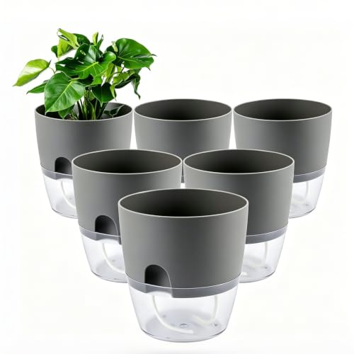 HAKZEON 6 Pack 6 Inch Plastic Self Watering Pots for Indoor Plants, Self Watering Flower Pots with Wick Ropes, Double-Layer Self Watering Planter Pots for Plants, Flowers, Herbs