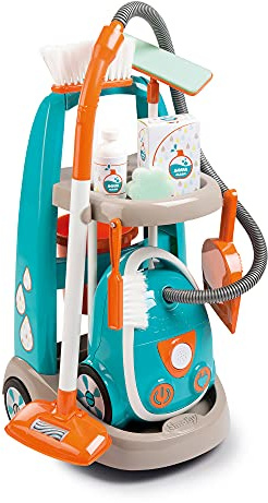 Smoby Cleaning Trolley - Toy Vacuum Cleaner with Realistic Lights & Suction Sounds - Toddler Broom, Mop, Brush, Dustpan, Bucket, Toy Empty Packaging, Kids Real Cleaner Pretend Play Set, Age 3+