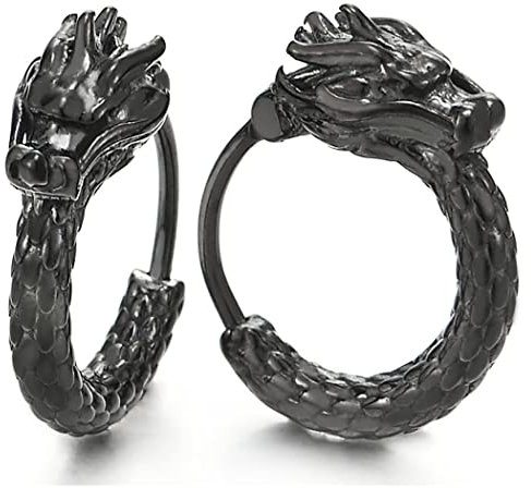 Vintage Schwarz Drachen Schuppe Creolen Edelstahl Huggie Ohr Manschette, Ohrstecker Herren Damen Ohrringe, 2 Stück