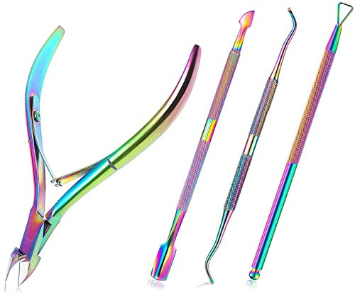 Nagelhautzange Hautzange, 4-Teiliges Nagelhautzange mit Nagelhautschieber, Stainless Steel Set, Professioneller Nagelhautentferner Edelstahl für Präzision Pediküre Fingernails,Bunt.