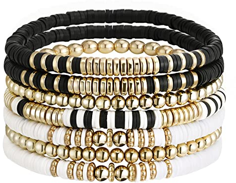 Emibele Heishi Bracelets pour Femmes, 7 Pièces Chaînes de Poignet en Plastique, Bracelets de Surfeur Élastiques avec des Perles Délicates, Accessoires de Bijoux pour Plages d'Été, 19 cm, Coloré D