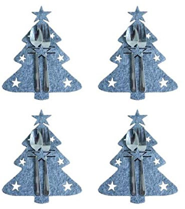 TOBILE Décorations de Noël - Lot de 4 porte-couteaux et fourchettes - Pour sapin de Noël - Sac à couverts en tissu non tissé - Décoration de table - Sapin de Noël gris