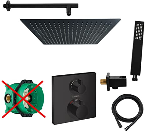 vanvilla Duschsystem Unterputz Duscharmatur Hansgrohe schwarz HGS03-XLob | Duscharmatur von Hansgrohe Ecostat Square Thermostat Armatur und vanvilla Regendusche Duschkopf eckig, Dusch-SET schwarz