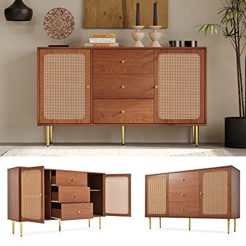 ZYLOYAL10 Schubladenkommode Kommode, Rattan Sideboard Highboard für Schlafzimmer & alle Wohnräume, für Wohnzimmer Schlafzimmer,Nussbaum (2 Türen und 3 Schubladen－H90/B150/T40 cm)
