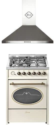 GURARI Gas-Standherd GCH G 614 CR + 147 Dunstabzugshaube 60 cm in Edelstahl, 1000m³/h,Sehr Saugstark, Standherd 60 cm Erdgas Fl.Gas 4 Kw WOK, Gasgrill, Range Cooker,Schublade mit Push-Pull,Gas Control