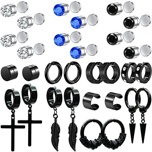 KWUNCCI Magnetiska Örhängen för Män - 15 Par Clip-on Nitar i Svart Rostfritt Stål - Icke-Piercade Dinglande Korsringar för Kvinnor