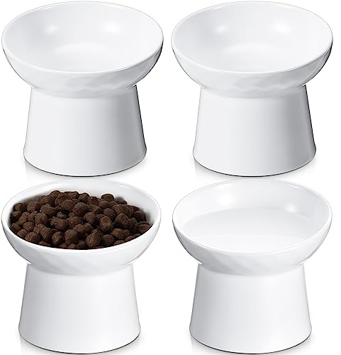Tanlade 4 Pcs Ceramic Raised Cat Bowls, Elevated Tilted Cat Bowl for Food Water, Stress Free, Backflow Prevention, Dishwasher Microwave Safe, Feeder Dish for Indoor Kitten, Small Dogs(White)