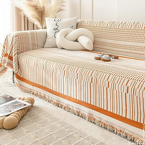Mesnt Couch Überzug 2 Sitzer, Chenille Wohndecke als Sofadecke, Couch Überwürf, Sofa Überzug mit Streifen mit Quaste Orange, 180x260CM