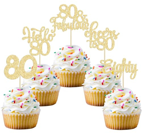 30Pcs Happy 80th Birthday Cupcake Toppers Eighty Cheers to 80 Years Old Birthday Cupcake Picks for Happy 80th Birthday Anniversary Party Cake Decorations Gold Glitter