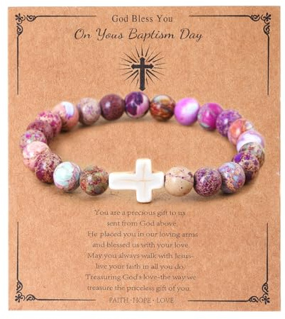 LUOKIFUR Bracelet croix pour femme, cadeau de baptême, chrétien, catholique, religieux, perles en pierre naturelle, cadeau inspirant pour elle (Purple)