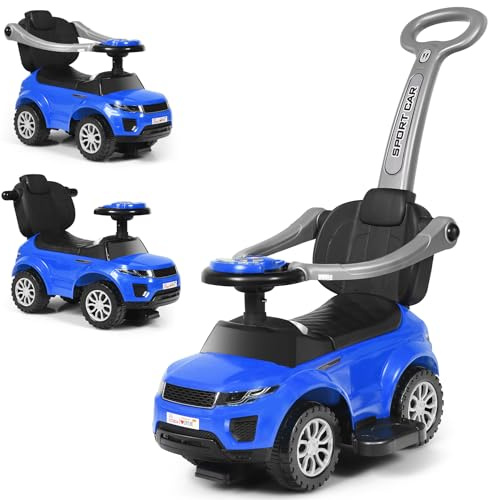 GYMAX 3 in 1 Kids Ride on Push Car, Push Along Car with Handle, Guardrails, Lights, Horn & Music, Underneath Storage, Toddler Sliding Toy for 1-3 Years Old Boys Girls (Blue)