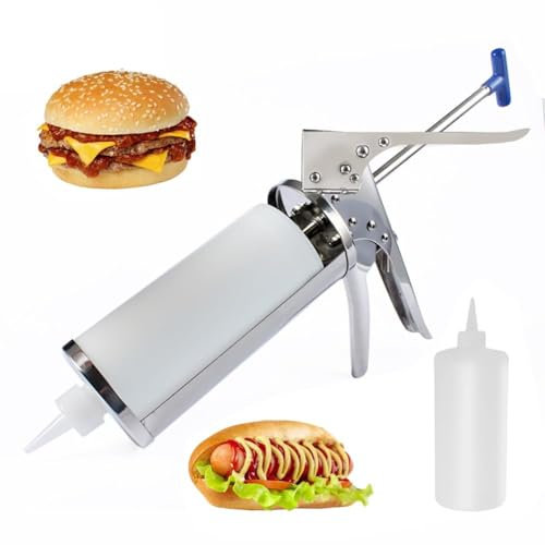 Pistolet à sauce burger, distributeur de sauce quantitative 650 ml avec bouteilles à presser, pistolet à sauce tomate en acier inoxydable de 1,2 mm d'épaisseur, bouteilles de salade, distributeur