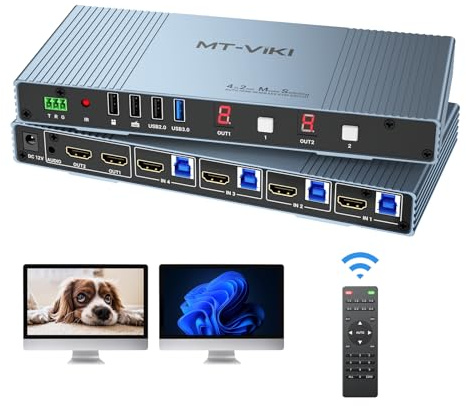 MT-VIKI 4K HDMI Matrix KVM Switch 4 PC 2 Monitore KVM Switch Seamless mit Maus Switching & 3.5mm Audio & IR Remote 4K@30Hz EDID+Hotkey+RS232