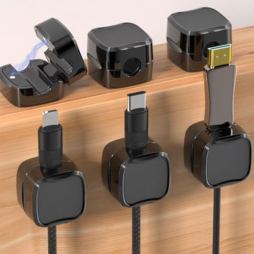 6Pcs Magnetic Cable Holder Cable Organiser Hide Phone Charging Cable Keeper Adhesive Desk Wall Cables Keeper for Charging Cable for Nightstand Kitchen Appliances Office Supplies (Black)