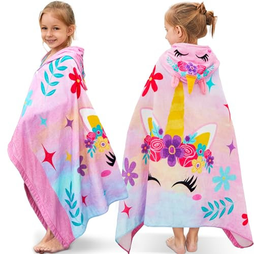 Joiedomi Unicorn 127 x 77 cm Hooded Towels for Kids - Soft Cotton Kids Beach Towel for 3-10 Years Boys Girls - Beach Poncho Towels for Kids - Swimming Towels for Kids- Toddler Bath Towels