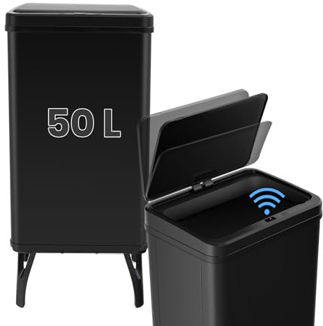 COSTWAY Poubelle Cuisine Automatique 50L en Acier Inox avec Cerclage, Poubelle Sur Pieds Détachables, Capteur Fermeture Automatique Douce, Anti-Empreintes, Interrupteur (Noir)