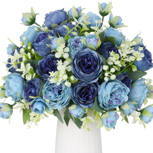 Floweroyal Lot de 4 bouquets de pivoines artificielles en soie - Pour fête de mariage, centre de table, arrangement floral, décoration de maison, de cuisine - Bleu sarcelle