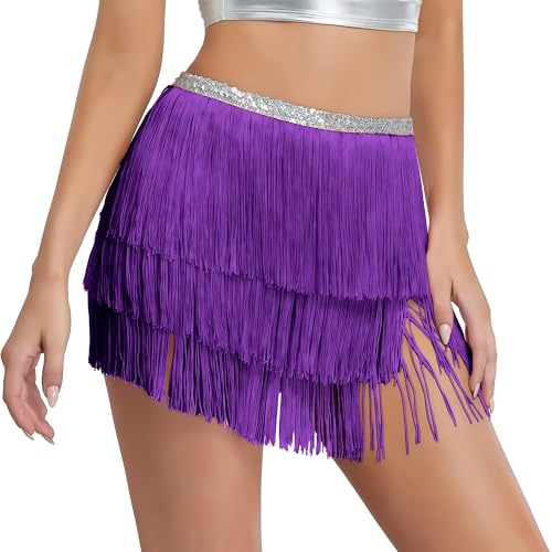 MUNAFIE Gonna con frange, gonna con paillettes glitter, gonna da danza del ventre, costume da danza del ventre, gonna da festival, gonna da ballo per donne, Lilla, Taglia unica