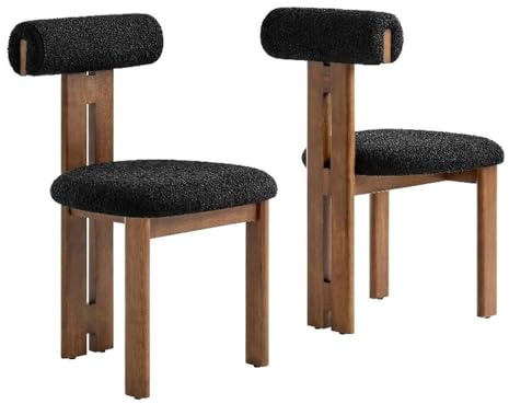 Modway Torian Upholstered Boucle Dining Chairs Set of 2 in Walnut Black - 3-Legged Farmhouse Kitchen Chairs - Mid-Century Modern Armless Accent Chairs - Comfortable Side Chairs with Wood Legs