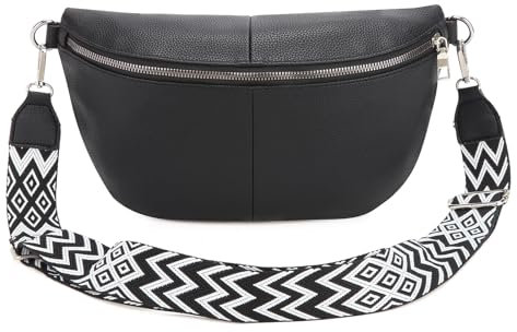 Valleycomfy große Bauchtasche Damen PU-Leder, Crossbody Bag mit Breiter Gurt, Handytasche zum Umhängen (Schwarz)