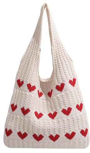 Ockyunoo Crochet Tote Bag Heart Tote, Borsetta A Maglia, Borse a Tracolla All'Uncinetto, Borsa a Tracolla Lavorata a Maglia, Orse e Borse Fatte A Mano per le Donne, per lo Shopping e le Vacanze