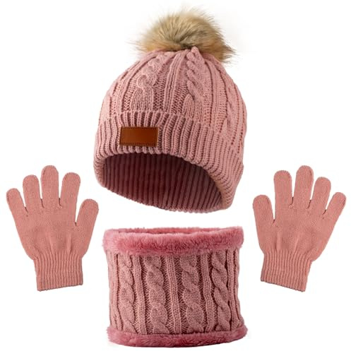 MUNSKT 3Pcs Kids Winter Warm Beanie Hat Scarf Gloves Set for 1-5 Years Old Boys Girls. Winter Accessories Sets for Children Outdoor Sports, Knit Thick Warm Fleece Lined Thermal Sets (Pink 1)