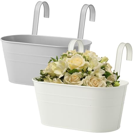 ADEPTNA Pack of 2 Hanging Metal Planters Flowerpots Handles Rust Resistant Weatherproof Balcony Fence Garden Home Decor Flowers Herbs Plants Suitable Balconies Railing Fences Window (WHITE AND GREY)