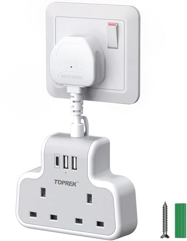 TOPREK Multi Plug Adaptor with USB C, Double Plug Adapter UK, 5cm Short Extension Lead, Compact Wall-Mounted Adapter Plug UK for Home, Office, Kitchen