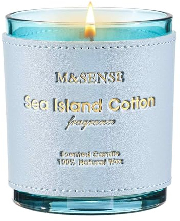 M&SENSE Candele Profumate Soia Cotone Sea Island |283g, Aroma Pulito e Marino 50 Ore, Candela Naturale per Soggiorni Minimalisti, Regalo per Appassionati di Stile Costiero