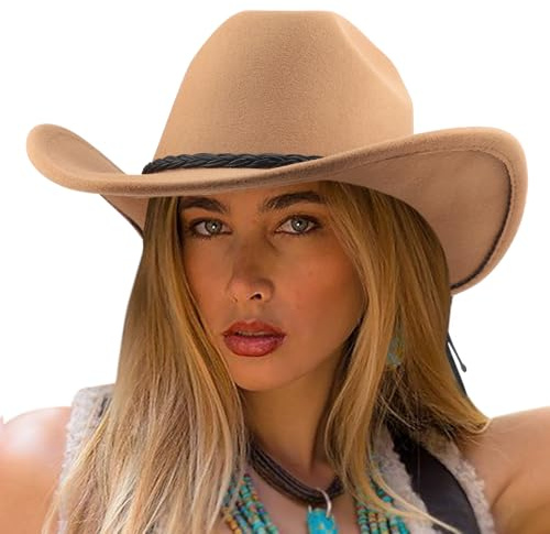 DRESHOW Cowboyhatt Dam Cattleman Western Retro Hattar Cowgirlhatt med Bred Kant Utomhus med Spännebälte Unisex Fedora Filt Upprullade Hut