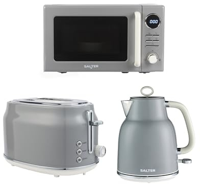Salter Retro Grey Kettle, Toaster & Microwave Set – 1.7L Rapid Boil Kettle, 2-Slice Toaster, 6 Browning Levels, Safety Features, 20L Digital Microwave with 8 Auto Cook Presets, 25.5 cm Glass Turntable