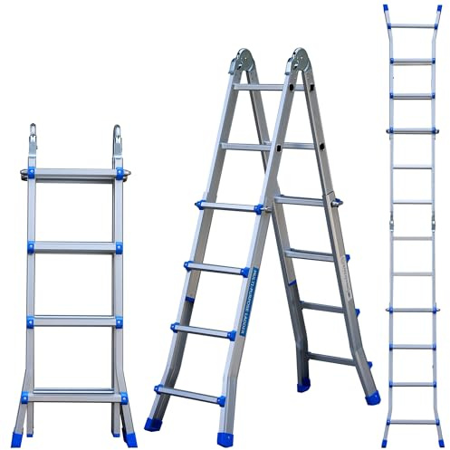 A Frame Ladder, 14Ft Aluminum Extendable Ladder with Stabilizer Bar, Easily Collapsible Telescoping Ladder for Home, Roof, Rv, Outdoor Work, 330 Lbs (Silver+Blue)