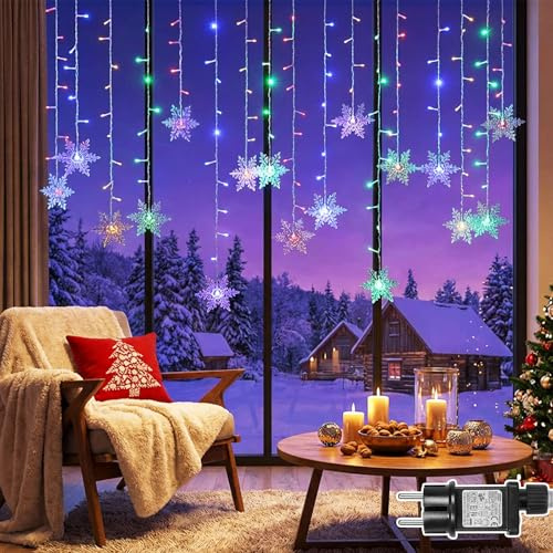 PLODAXE Lichtervorhang Schneeflocken 1.8m 94 LEDs Lichterkette Fenster Innen Weihnachten mit Timer 8 Modi Speicherfunktion, Lichterkettenvorhang Anschließbar IP44 für Außen Balkon Hochzeit (Bunt)