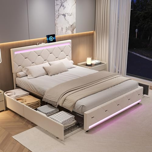DAHUEN Säng med ribbotten, LED och USB, vadderad dubbelsäng med 4 lådor, för 2 personer, klädd säng med mycket förvaring, lådsäng för vuxna och tonåringar (beige-D, 140 x 190 cm)