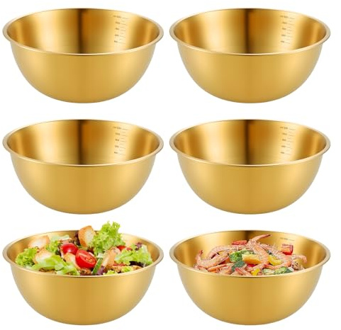 PORFOYO 6 ciotole in acciaio inox, Ø 19,5 cm, insalatiera, set di ciotole per insalata, ciotole in acciaio inox, con marchi, per ciotola per cereali, ciotola per snack, ciotola da portata (oro)