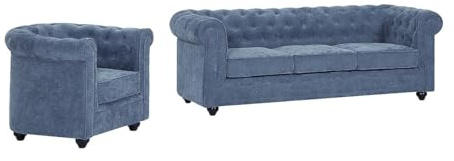 Vente-unique-Sofá 3 plazas y sillón en Tela Azul Chesterfield