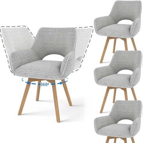 JIJIAN 4er Set Esszimmerstuhl Drehbar mit Armlehne und Holzbeinen, 360° Drehbar, Moderner Polsterstuhl mit Stoffrückenlehne für Küche, Wohnzimmer, Schlafzimmer, Grau