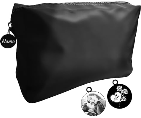 Kosmetiktasche Personalisiert- Namen und Bild Gravieren | Wasserfestes Material, Klassisches Schwarz