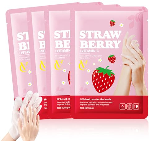 Strawberry Hand Mask Gloves, Moisturizing & Exfoliating Hands Skin Repair Mask with Vitamin C Essence, Nourishing Softening Hand Care Gloves for Dry, Rough and Cracked Skin (4PCS)