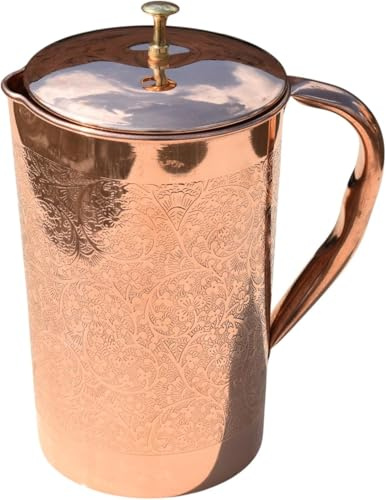 HEALTHANDVEDA® Pure Copper Pitcher for Ayurvedic Health Benefits 1.5 Liter Handcrafted Embossed Copper Water Jug with Matching Lid | for Serving More Water with Family