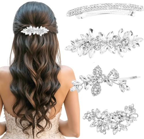 TESGADGETS 4 horquillas de strass para mujeres, accesorios para el cabello con flores plateadas, brillantes pasadores de cristal, accesorios para novias, bodas y uso diario