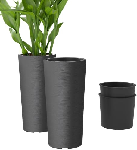 Outsunny Blumentopf Stapelbar mit Löcher 2er Set 35x35 cm Dunkelgrau | Kunststoff Pflanzkübel, Pflanztöpfe Rund, Blumenkübel, Rundtopf, für Tomaten Blumen, Pflanzentopf für Garten Balkon